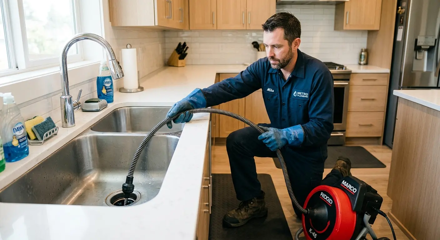 Drain cleaning technician using a motorized snake on a kitchen sink in Grayson Valley
