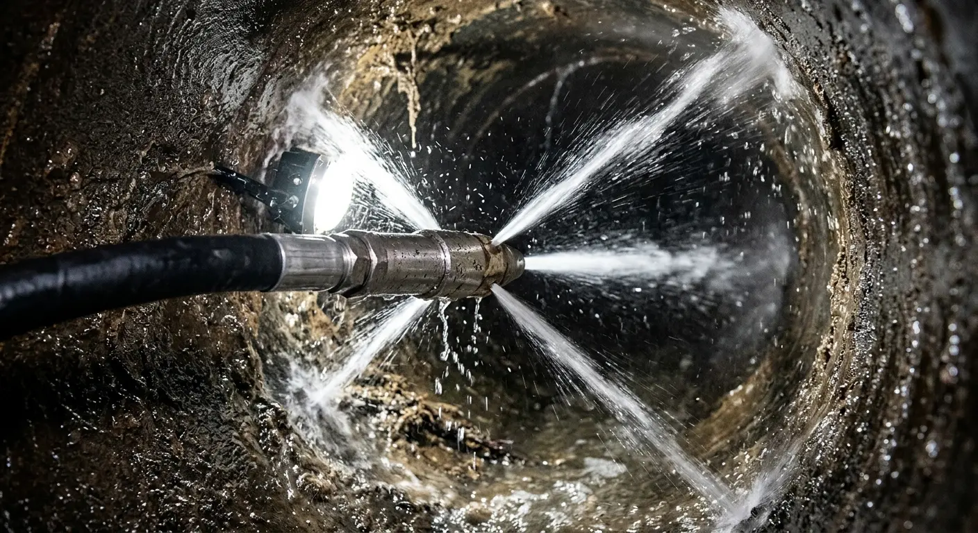 High-pressure hydro jetting nozzle cleaning sewer pipe for Emergency Drain Service in Grayson Valley