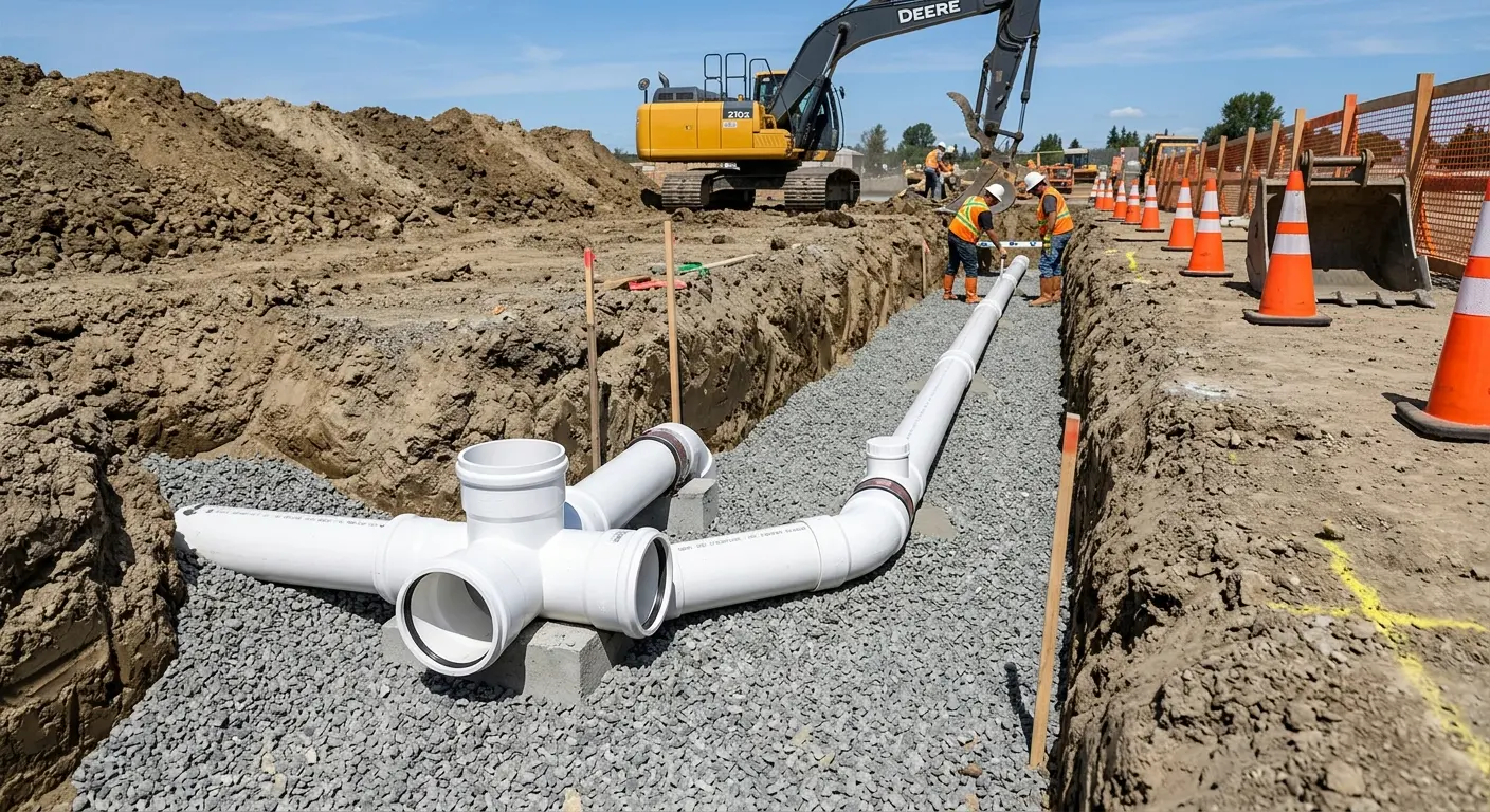 New PVC sewer pipe installation in open trench for Commercial Drain Cleaning in Grayson Valley
