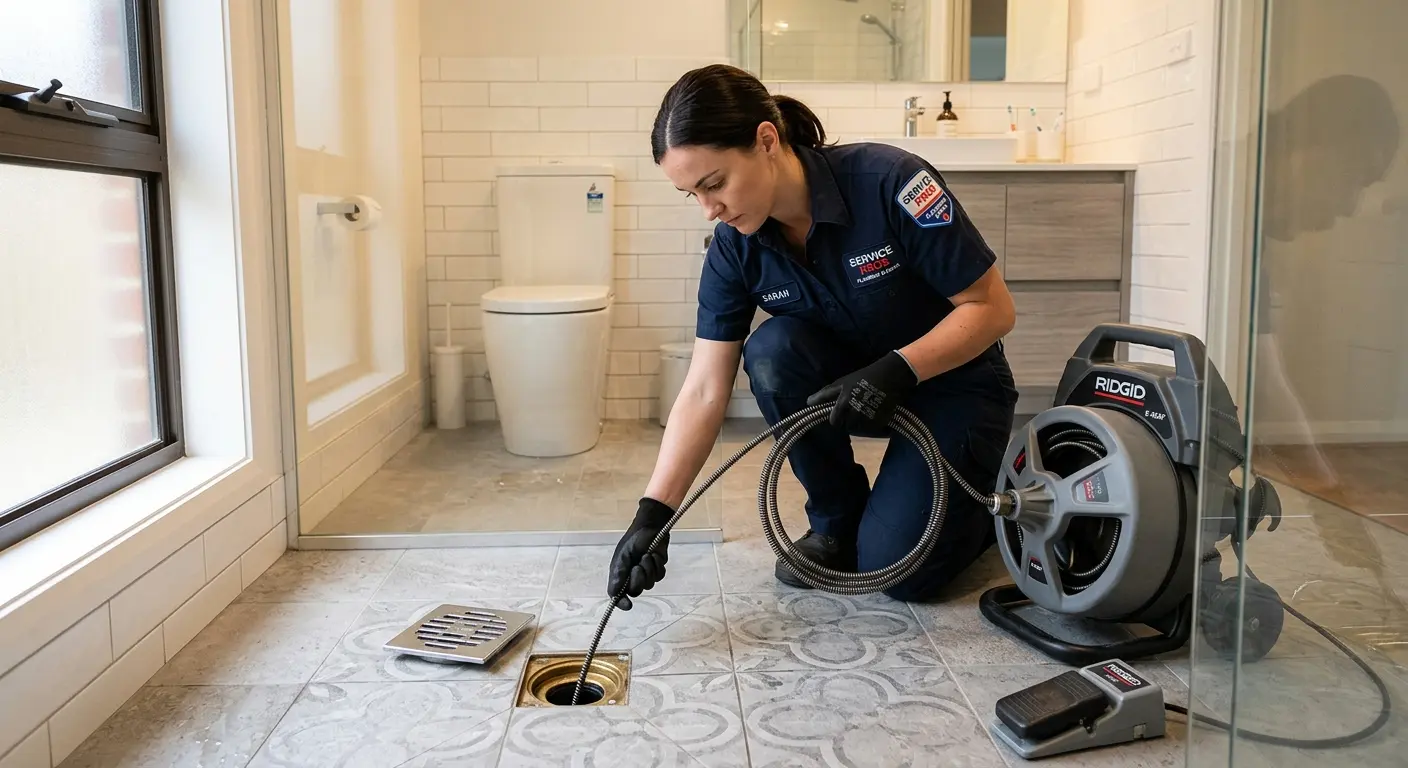 Technician clearing a bathroom floor drain for Clogged Drain Repair in Grayson Valley